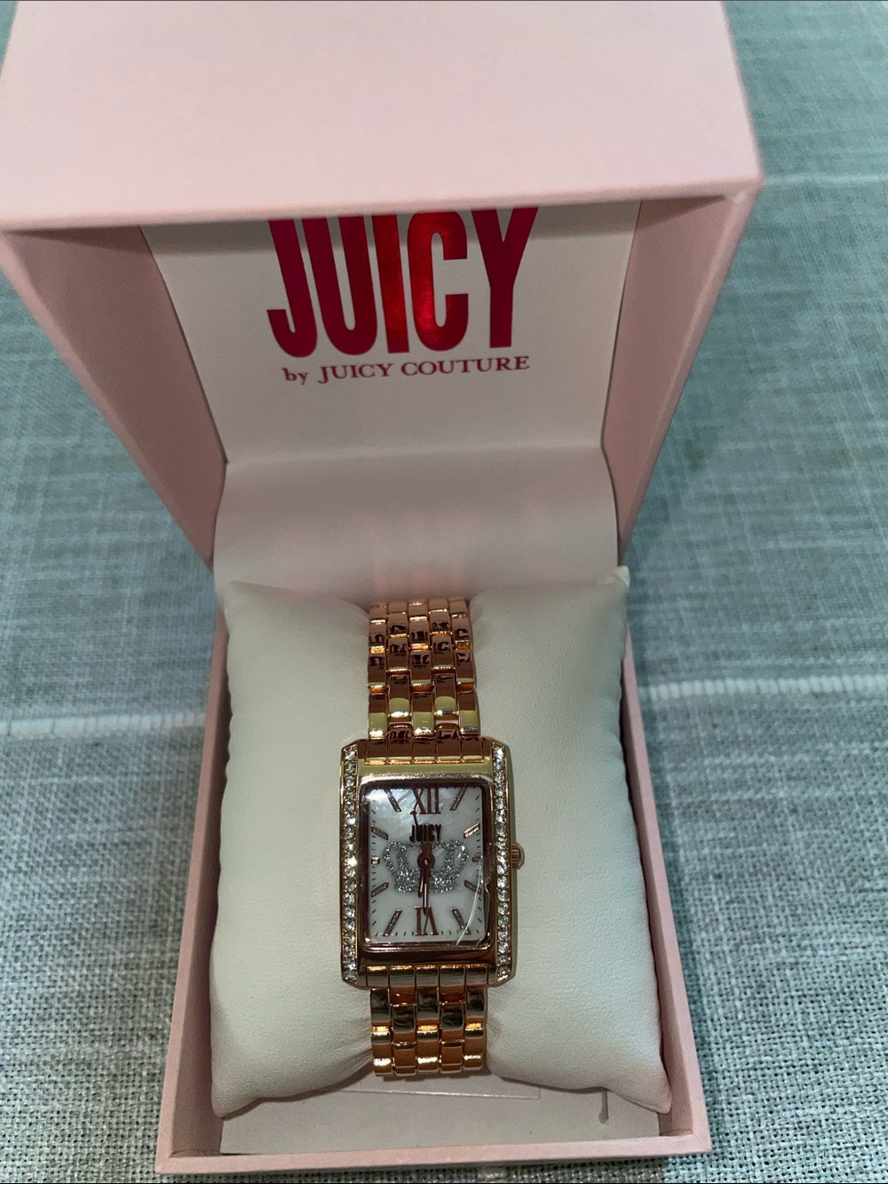 Juicy Couture Women's Rose Gold Crystal-Trim Rectangle Bracelet Watch
